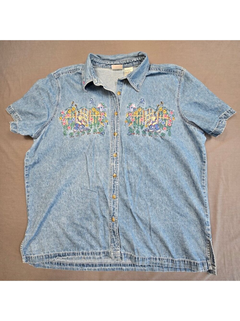 Bears Garden Denim Button-Up Shirt Embroidered Floral Short Sleeves 18W/20W - Picture 1 of 3